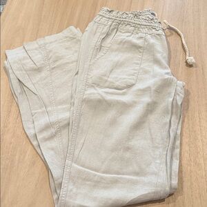 Roxy Linen Blend Beach Pants | XS | Elastic Waist Drawstring | Tan